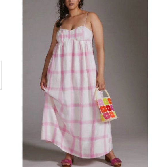 Anthropologie Maeve 1X NWT Pink Plaid Linen Tie-Back Maxi Dress Bohemian 180$ - Picture 1 of 13